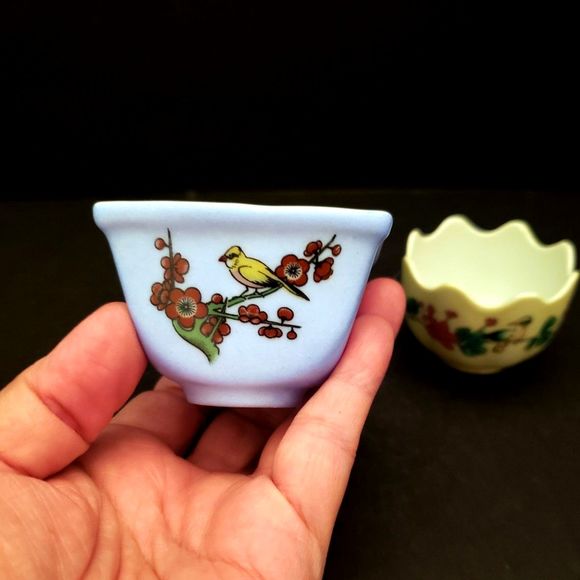 Porcelain Lillian Vernon Trinket Bowls Birds Flowers Yellow Blue Vintage Chinese - Picture 6 of 11